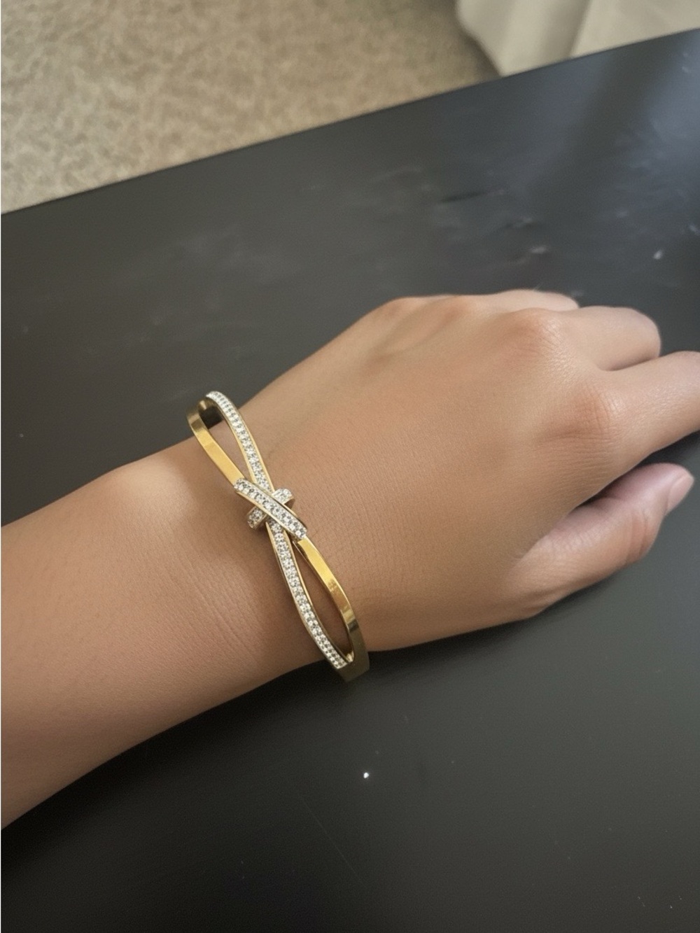 Gold and Crystal Cross-Over Bangle Bracelet